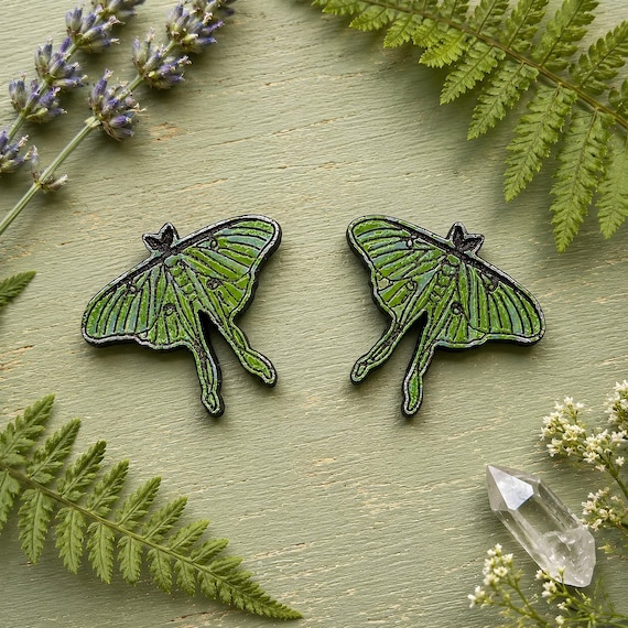 Luna Moth Earrings: Woodland Inspired Hand Painted Studs (Green Wood)