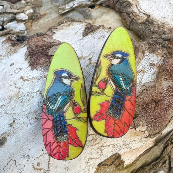 Blue Jay Bird Hair Clips - Handmade, Laser Cut from Wood, Hand Painted
