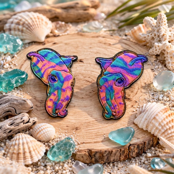 Color-Shift Cuttlefish Stud Earrings - Vibrant Hand-Painted Ocean Jewelry