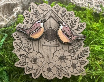 Hand-painted Wood Wren Stud Earrings