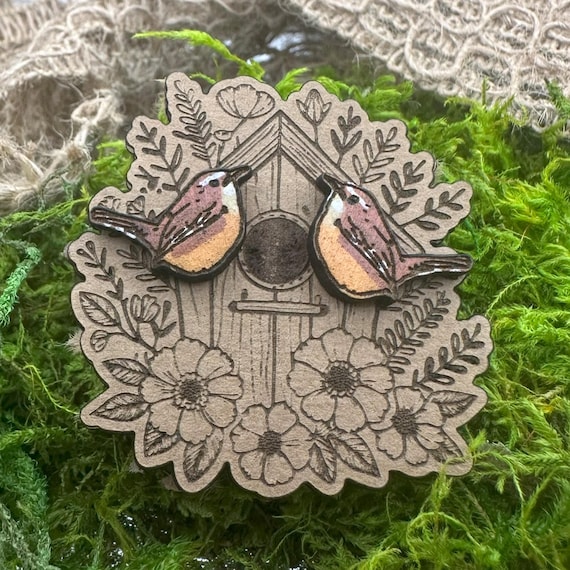 Hand-Painted Wren Bird Earrings: Wood Studs, Hypoallergenic Posts