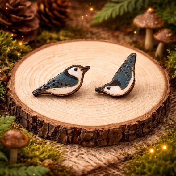 Woodland Bird Stud Earrings, Nuthatch Asymmetrical (Hypoallergenic Posts)