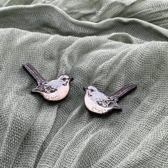 Northern Mockingbird Wood Stud Earrings