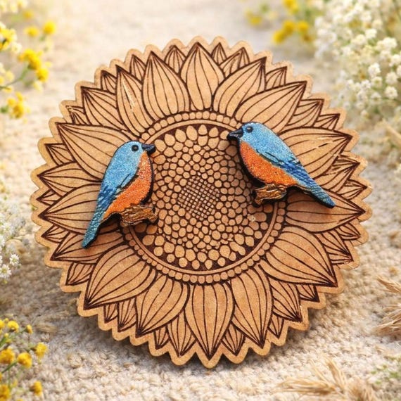 Hand-Painted Bluebird Stud Earrings: Lightweight Wood Bird Jewelry
