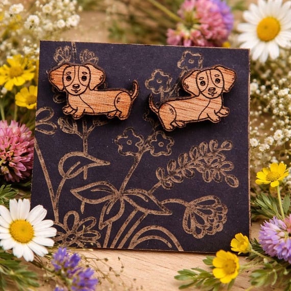 Cherry Wood Dachshund Earrings: Laser Cut Studs in Gift Box