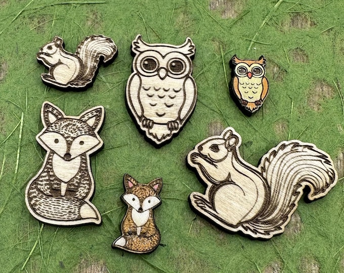 Woodland Mini Animal Wood Blanks – Owl, Fox, and Squirrel Designs