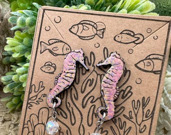 Seahorse Wood and Czech Glass Earrings