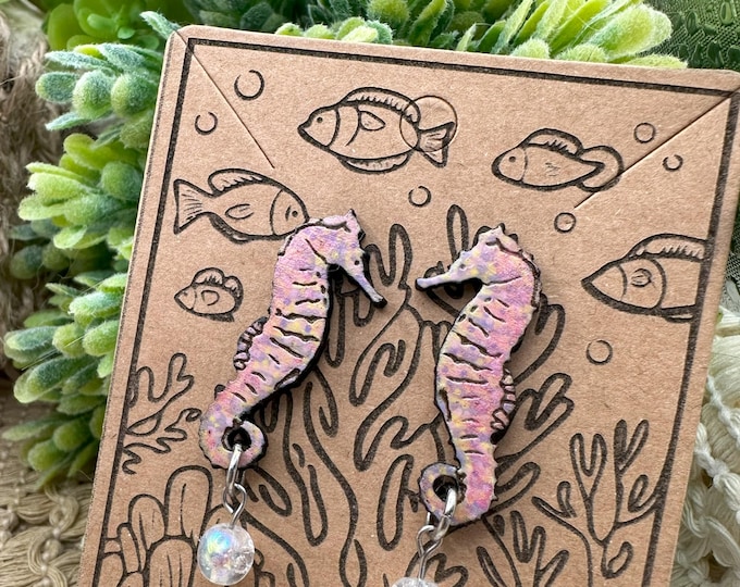 Seahorse Wood and Czech Glass Earrings