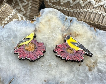 Asymmetrical Goldfinch on Coneflower Earrings in a wood gift box