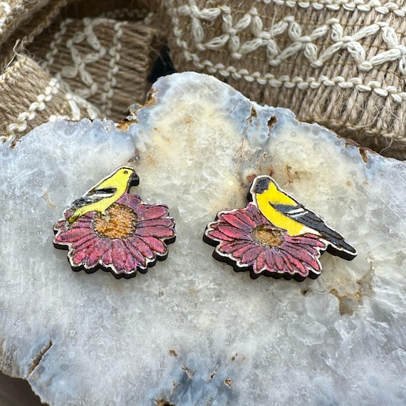 Goldfinch on Coneflower Earrings - Handpainted Wood, Eco-Friendly