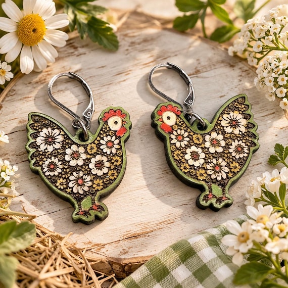 Spring Chicken Design Wood and Stainless Steel Leverback Earrings