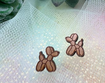 Natural Wood Balloon Dog Stud Earrings