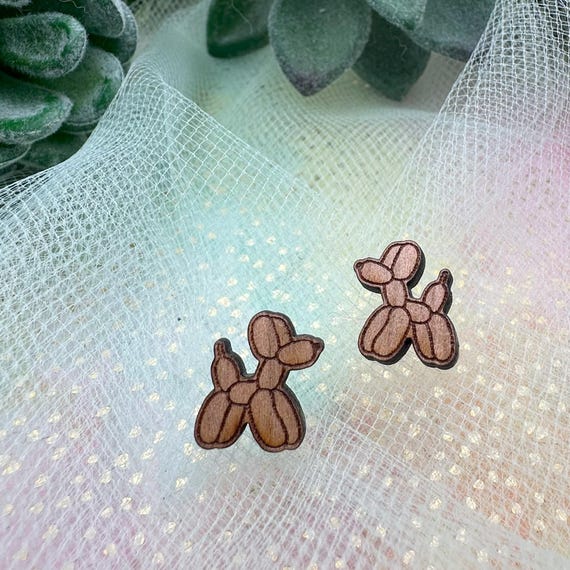 Natural Wood Balloon Dog Stud Earrings