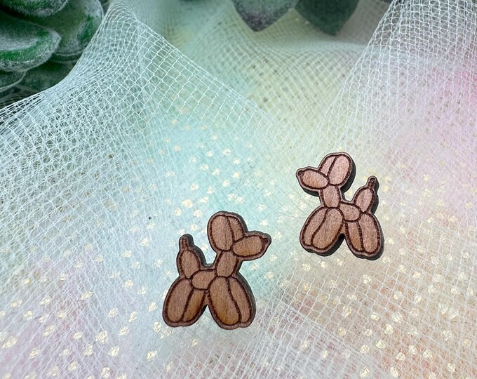 Natural Wood Balloon Dog Stud Earrings
