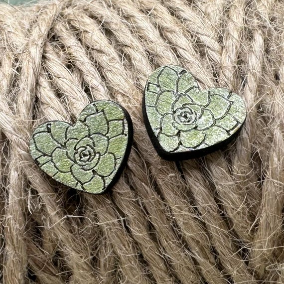 Succulent Heart Stud Earrings – Tiny Green Wood Earrings (12mm)