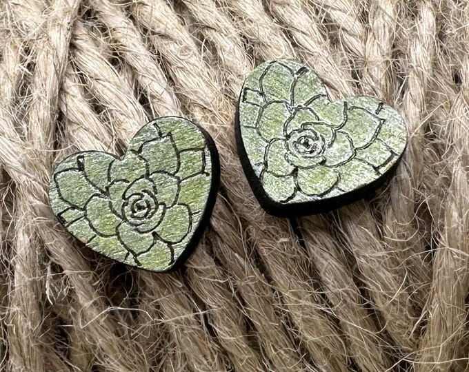 Succulent Heart Stud Earrings – Tiny Green Wood Earrings (12mm)