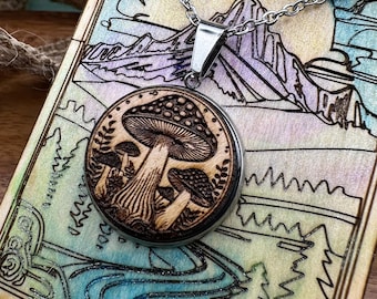 Engraved Wood Mushroom Necklace on an 18 inch Stainless Steel Chain