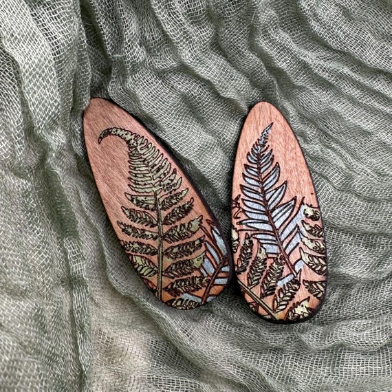 Engraved Ferns Hand Painted Cherry Wood Hair Clip