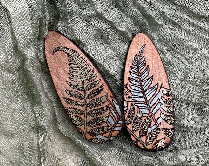 Engraved Ferns Hand Painted Cherry Wood Hair Clip