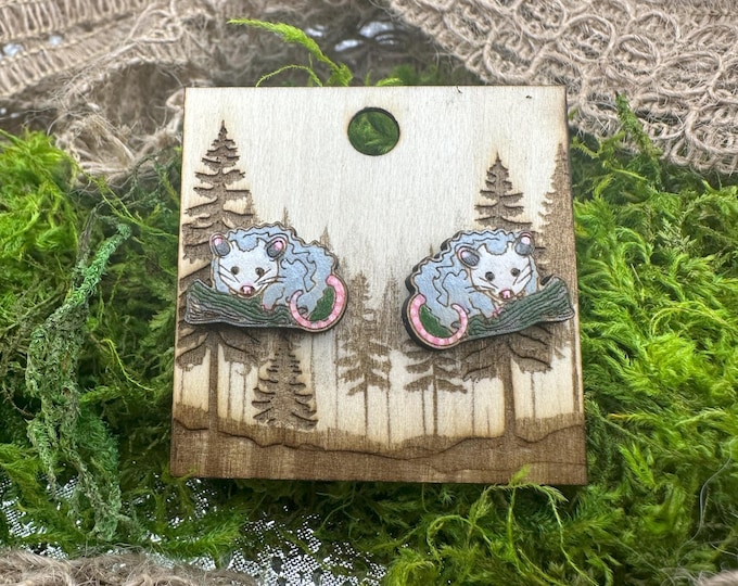 Handmade Opossum Stud Earrings, Necklace, Hair Clips, or Pin