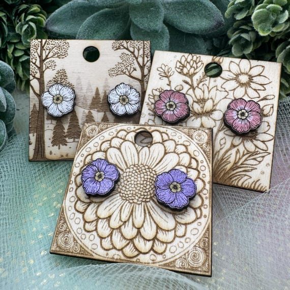 Primrose Flower Wood Stud Earrings – Hand-Painted Floral Studs