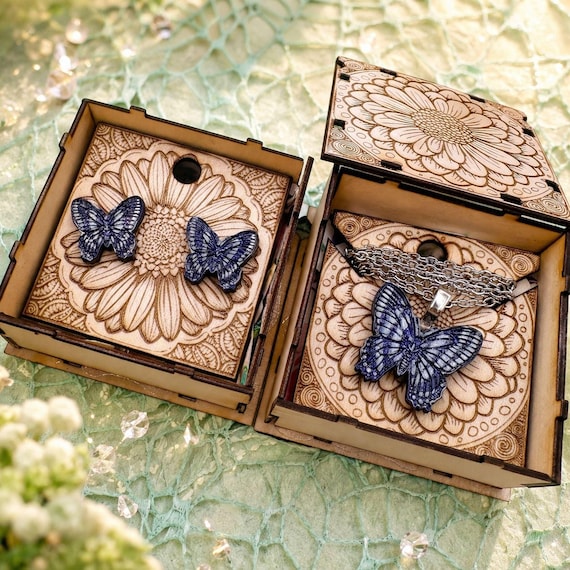Hand-Painted Butterfly Necklace and Earrings - Blue Wood Jewelry Set
