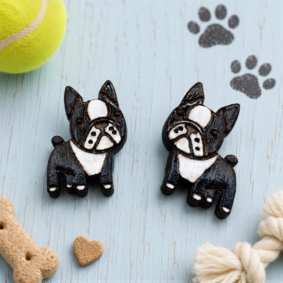 Boston Terrier Earrings: Hand-Painted Wood Studs, Two Sizes- Custom Painting Options