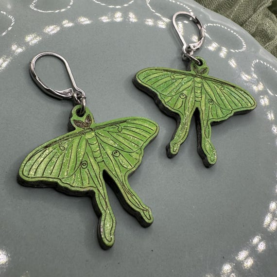 Luna Moth Earrings – Hand Painted Wood Earrings with Glitter