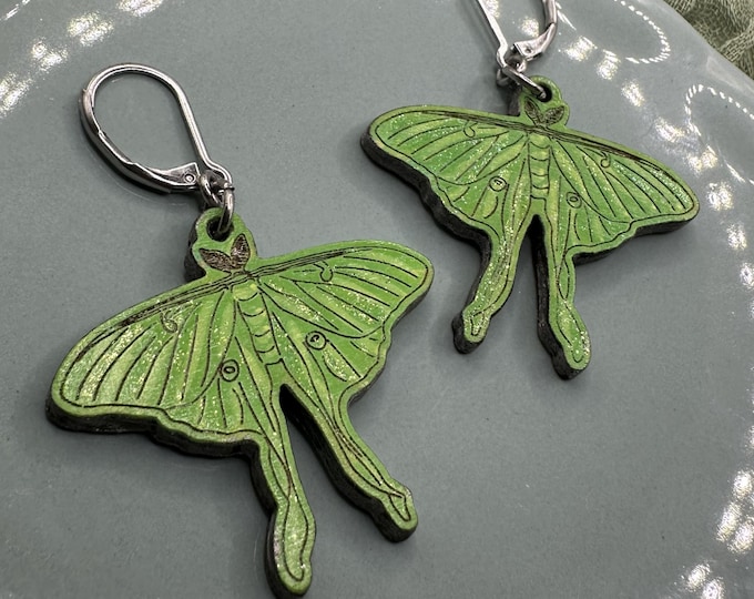 Luna Moth Earrings – Hand Painted Wood Earrings with Glitter