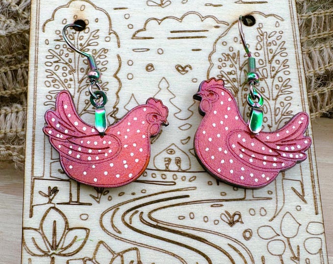 Colorshift Polkadot Chicken Earrings in a wood gift box