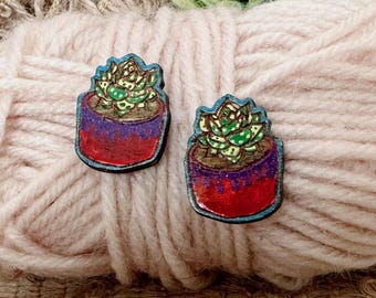 Hand-painter Laser Cut Wood Houseplant Earrings in an Red and Purple Pot