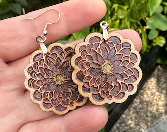 Laser Cut Hand Painted Maple Wood Earrings with Stainless Steel Leverback Findings for Jewelry