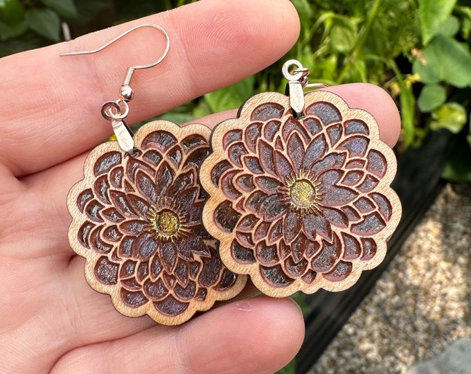 Laser Cut Hand Painted Maple Wood Earrings with Stainless Steel Leverback Findings for Jewelry