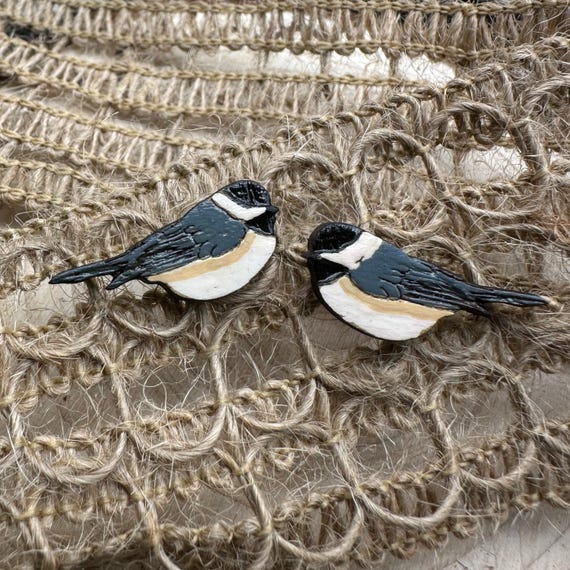 Hand Painted Chickadee Earrings: Laser Cut Wood Bird Studs
