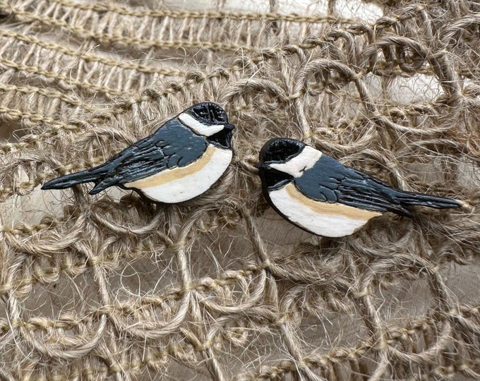 Hand Painted Chickadee Earrings: Laser Cut Wood Bird Studs