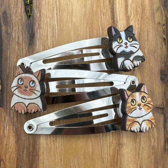 Custom Cat Hair Clips: Hand-Painted Wood, Matching or Mixed Pair