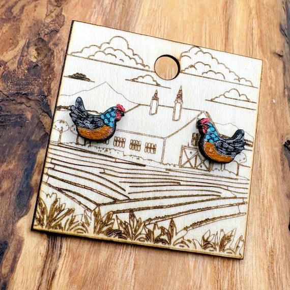 Chicken Stud Earrings Hand Painted Wood with Stainless Steel Posts