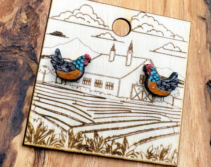 Chicken Stud Earrings Hand Painted Wood with Stainless Steel Posts FLASHSALE
