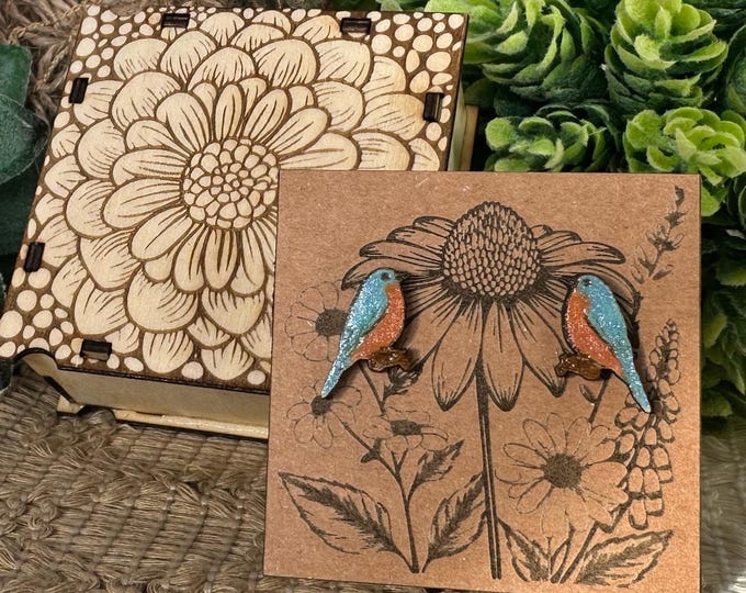 Hand-Painted Bluebird Stud Earrings: Lightweight Wood Bird Jewelry