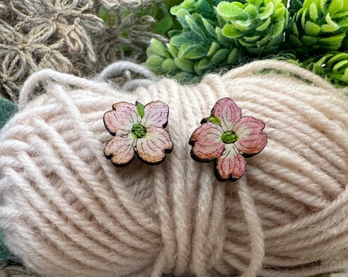 Hand-Painted Pink Dogwood Flower Stud Earrings