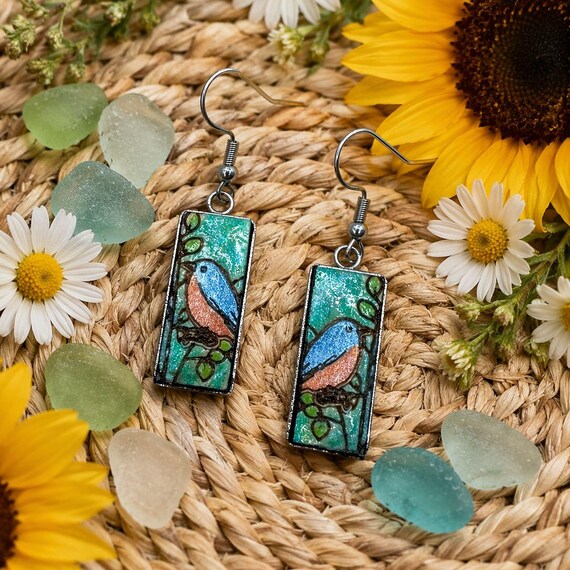 Bluebird Earrings: Hand-Painted Wood - Lightweight and Shimmering