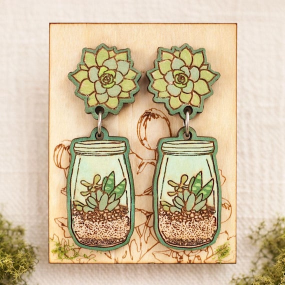Succulent Mason Jar Earrings – Hand Painted Wooden Jewelry