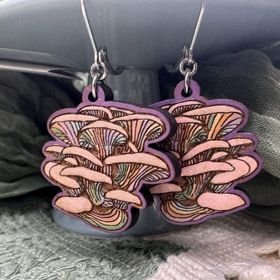 Rainbow Oyster Mushroom Earrings – Hand Painted Cherry Wood Dangles- Wildwood Collection