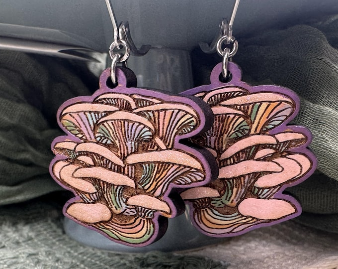 Rainbow Oyster Mushroom Earrings – Hand Painted Cherry Wood Dangles- Wildwood Collection