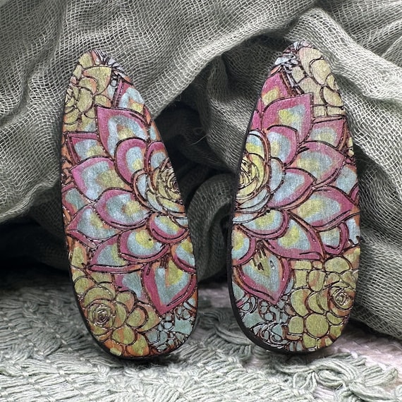 Succulents Hand Painted Cherry Wood Hair Clip