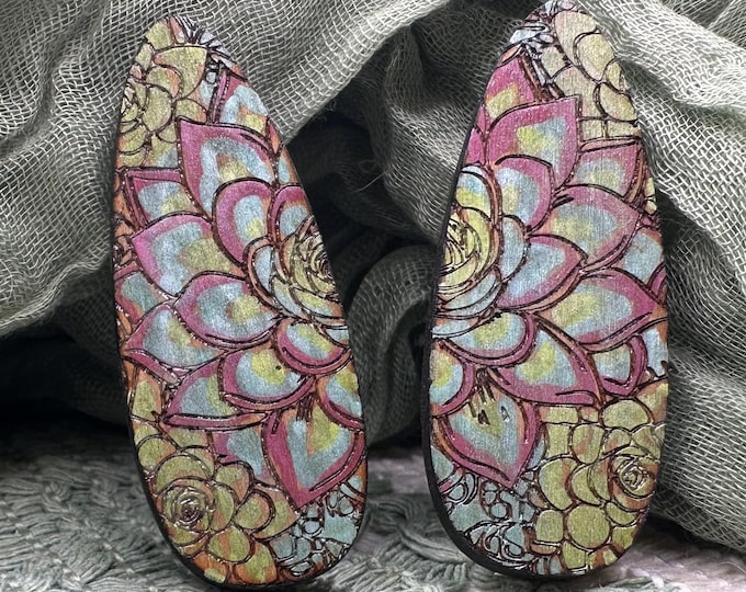 Succulents Hand Painted Cherry Wood Hair Clip