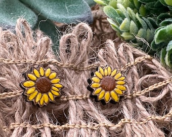 Painted Wood Sunflower Studs -Mailed in a wood gift box-