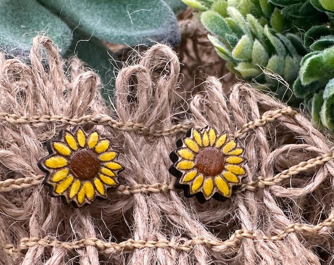 Painted Wood Sunflower Studs -Mailed in a wood gift box-