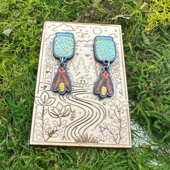 Hand-Painted Firefly Earrings: Sustainable Basswood Dangle Jewelry