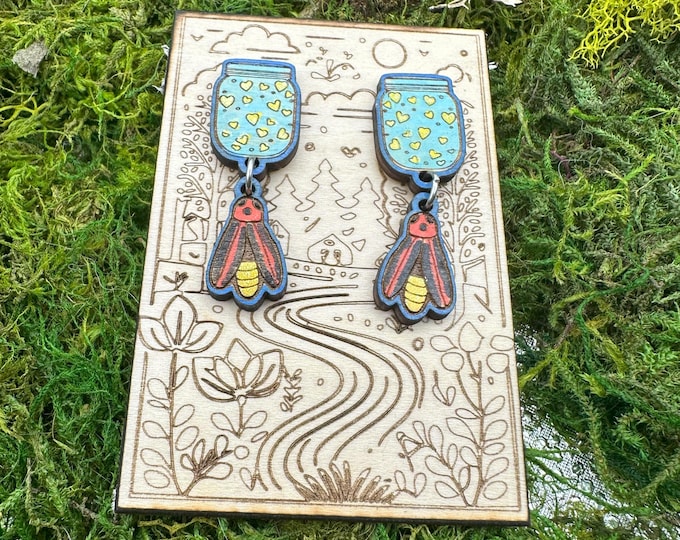 Firefly Lightning Bug Earrings – Cute Nostalgic Hand-Painted Stud-Back Dangle Jewelry